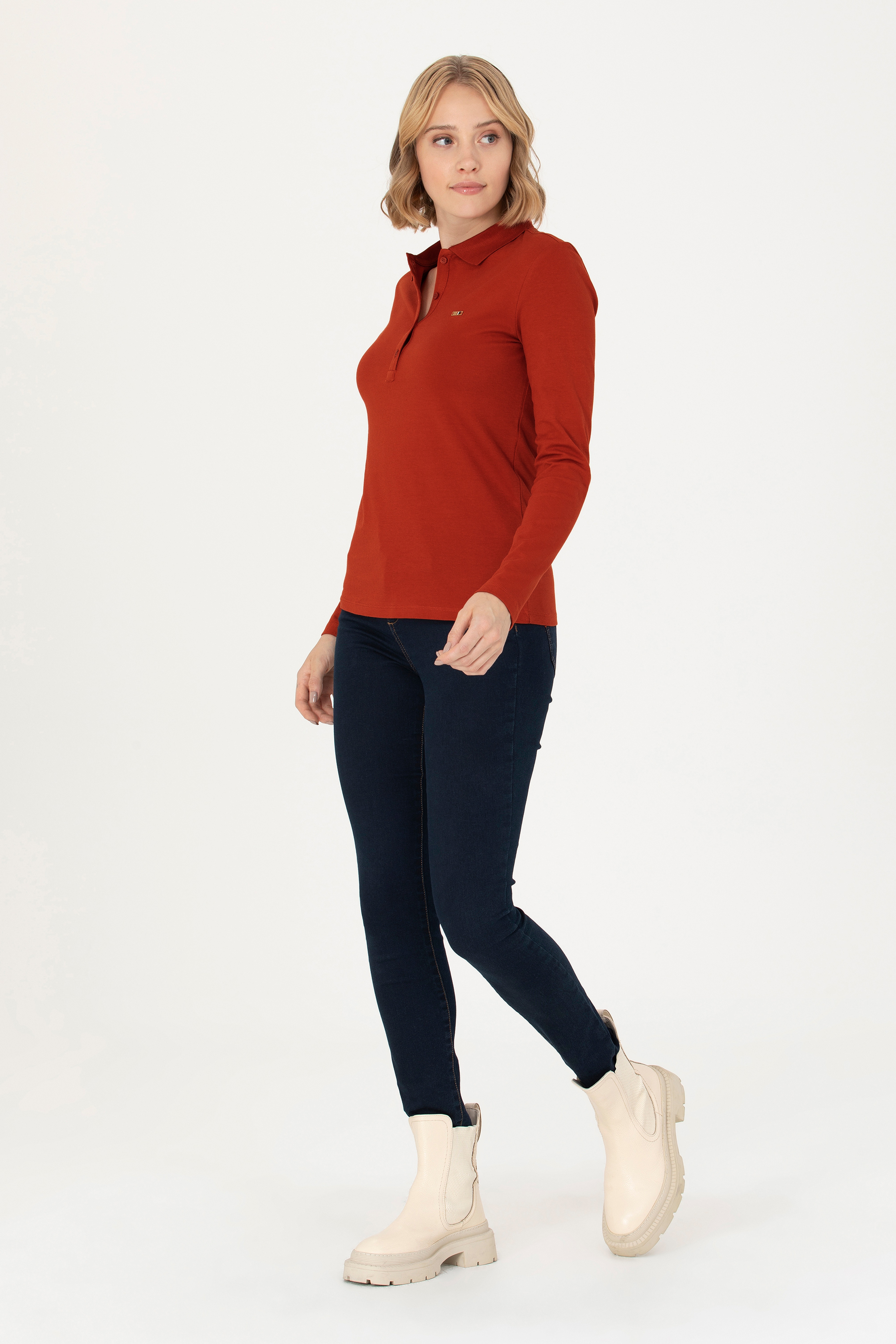 Kadın Kiremit Basic Polo Yaka Sweatshirt
