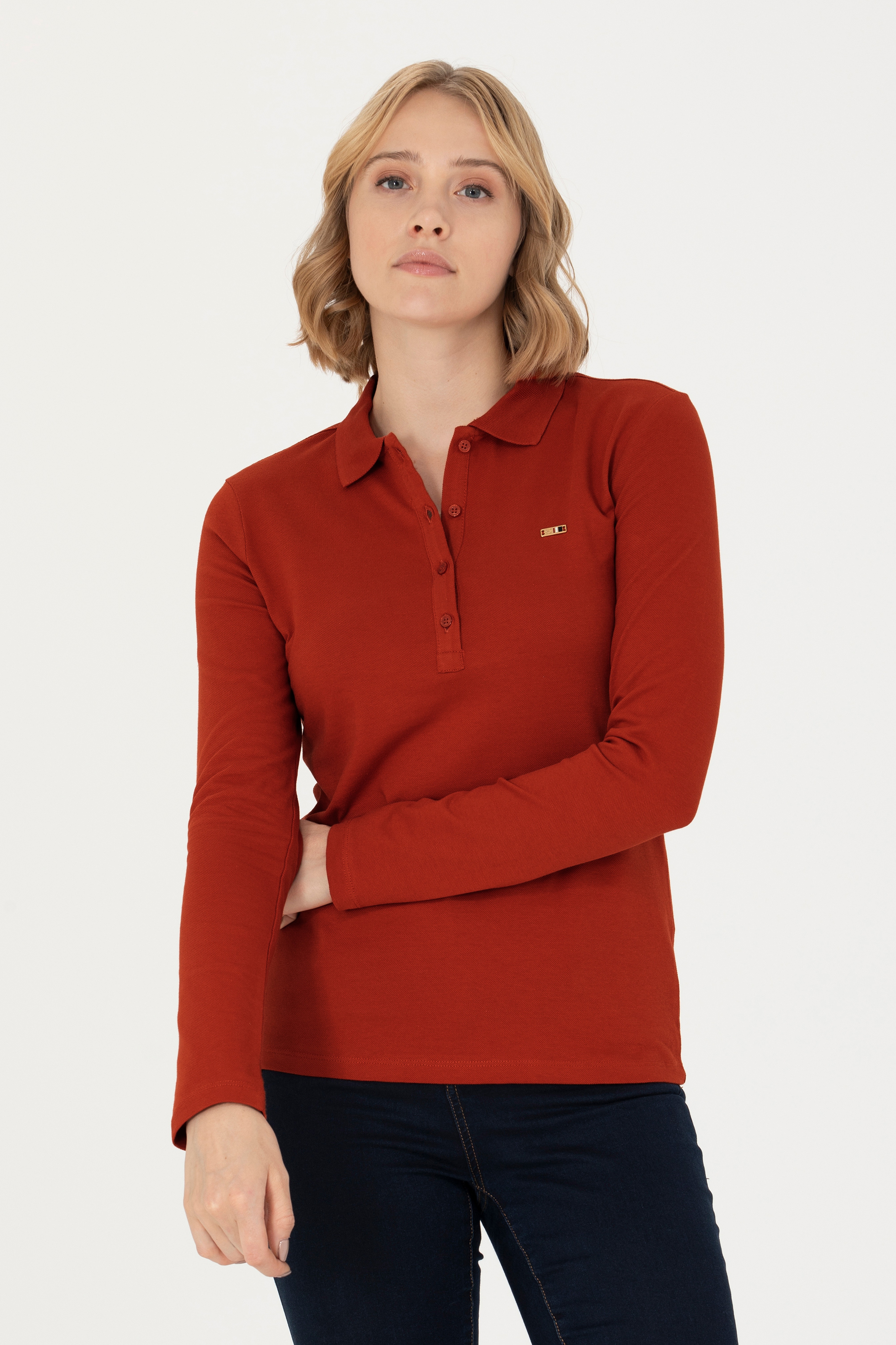 Kadın Kiremit Basic Polo Yaka Sweatshirt - Image 2