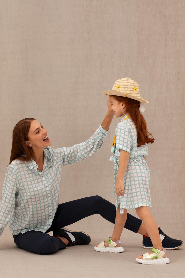 Kız Çocuk Su Yeşili Kısa Kol Dokuma Elbise - 50269609009