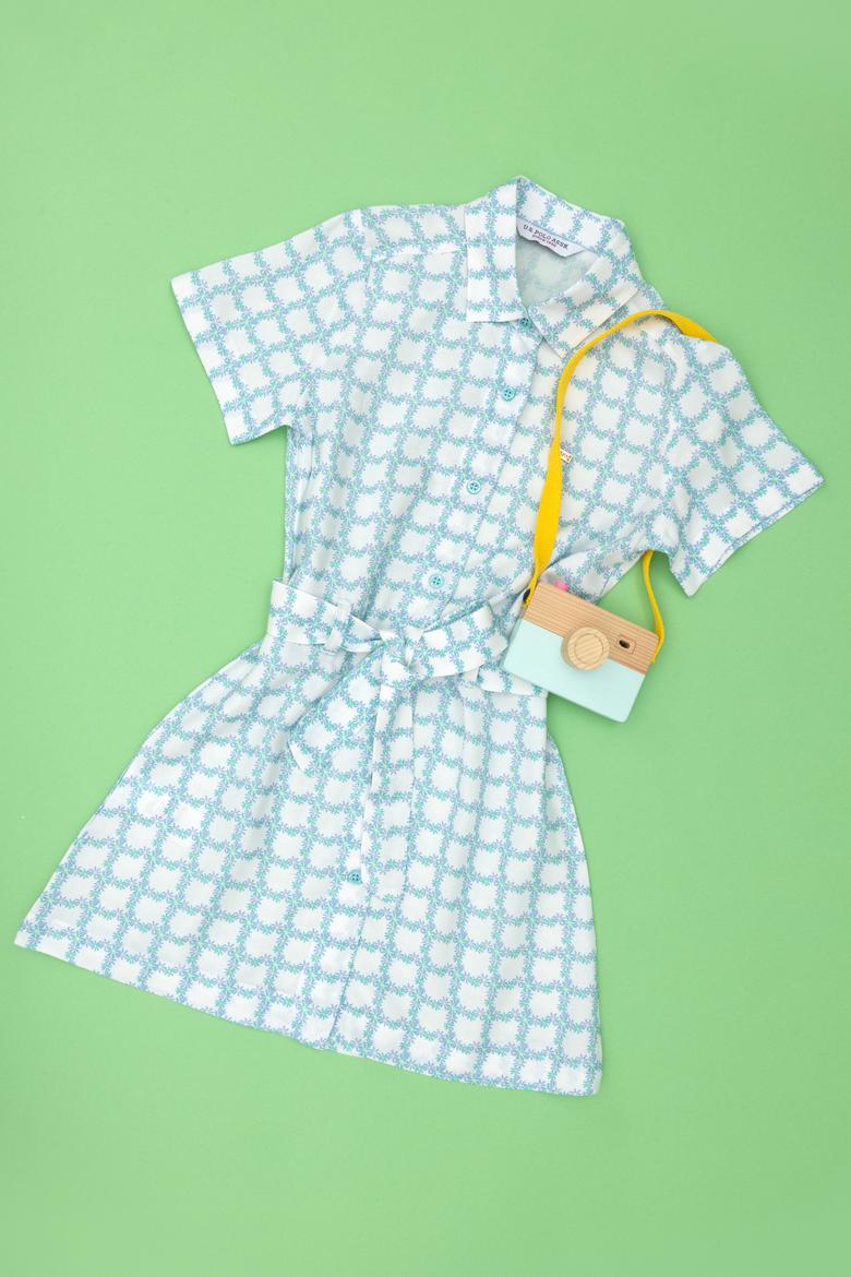 Kız Çocuk Su Yeşili Kısa Kol Dokuma Elbise - 50269609009