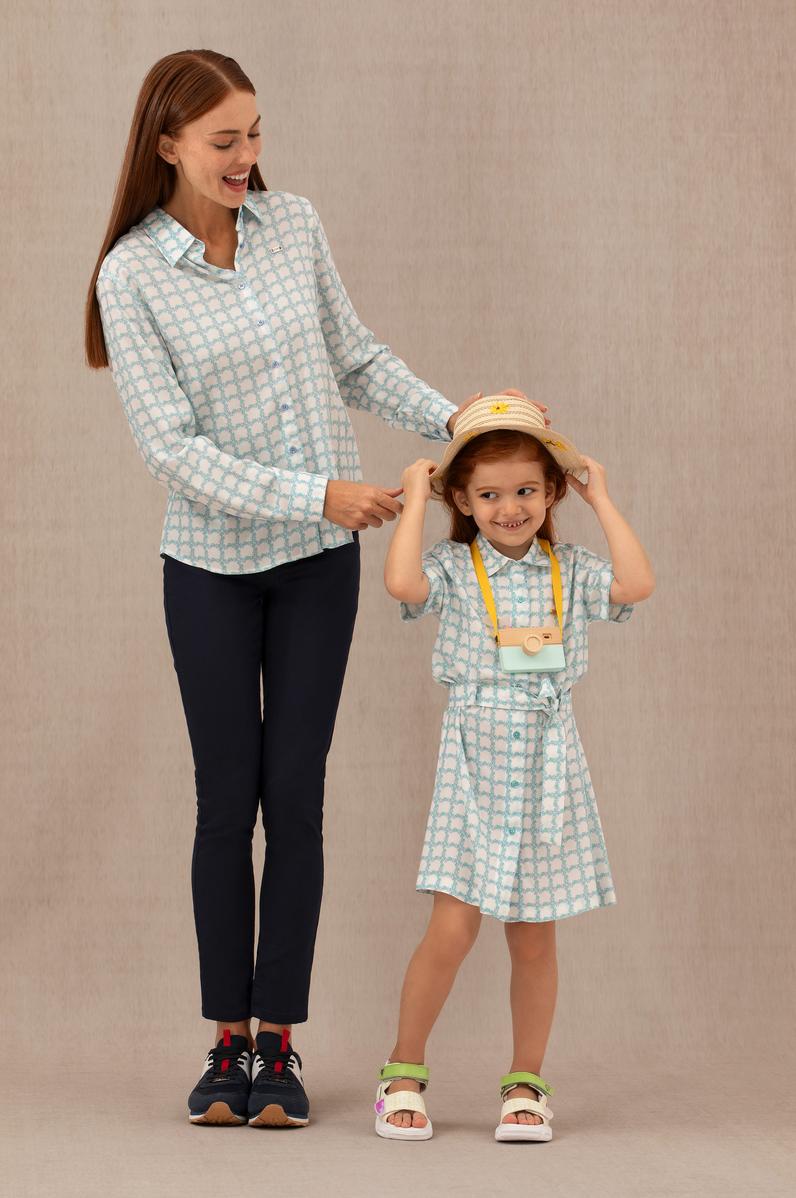 Kız Çocuk Su Yeşili Kısa Kol Dokuma Elbise