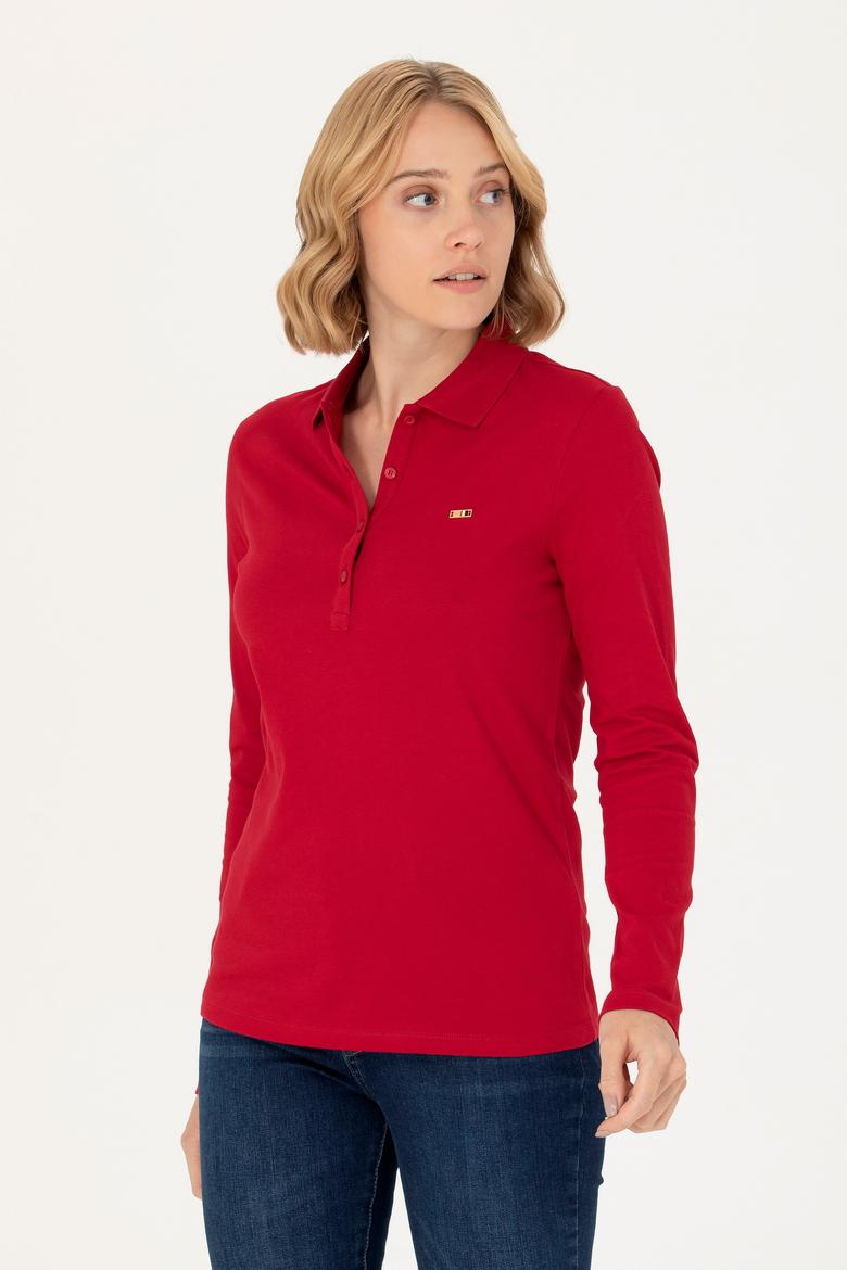 Kadın Kırmızı Basic Polo Yaka Sweatshirt - 50276160033