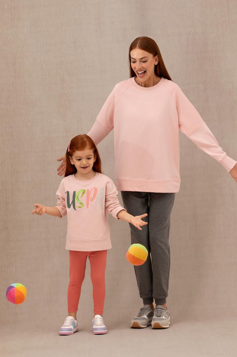 Kadın Toz Pembe Bisiklet Yaka Sweatshirt