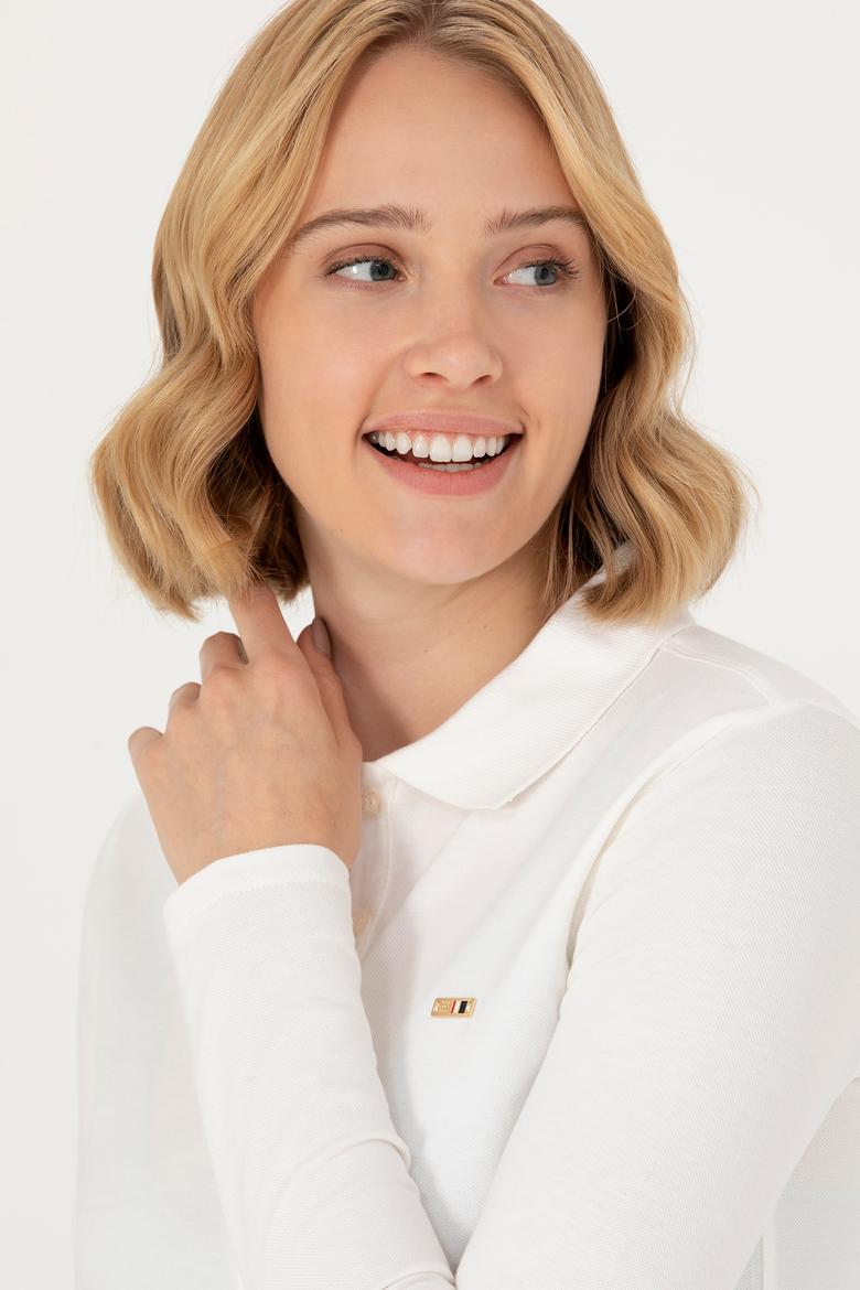 Kadın Ekru Basic Polo Yaka Sweatshirt - 50276160062