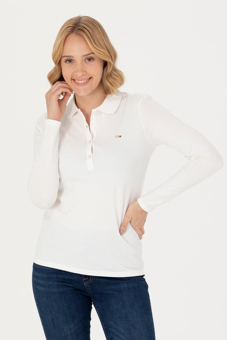 Kadın Ekru Basic Polo Yaka Sweatshirt - 50276160062