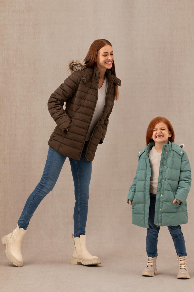 Kız Çocuk Mint Kapüşonlu Kaban