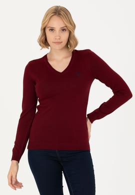 Kadın Bordo V Yaka Basic Kazak - 50276570019