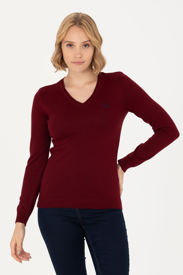 Kadın Bordo V Yaka Basic Kazak - 50276570019