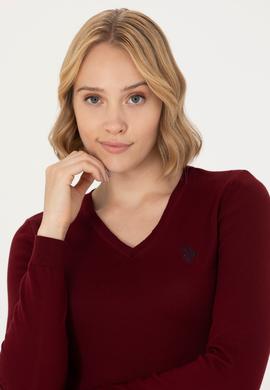 Kadın Bordo V Yaka Basic Kazak - 50276570019