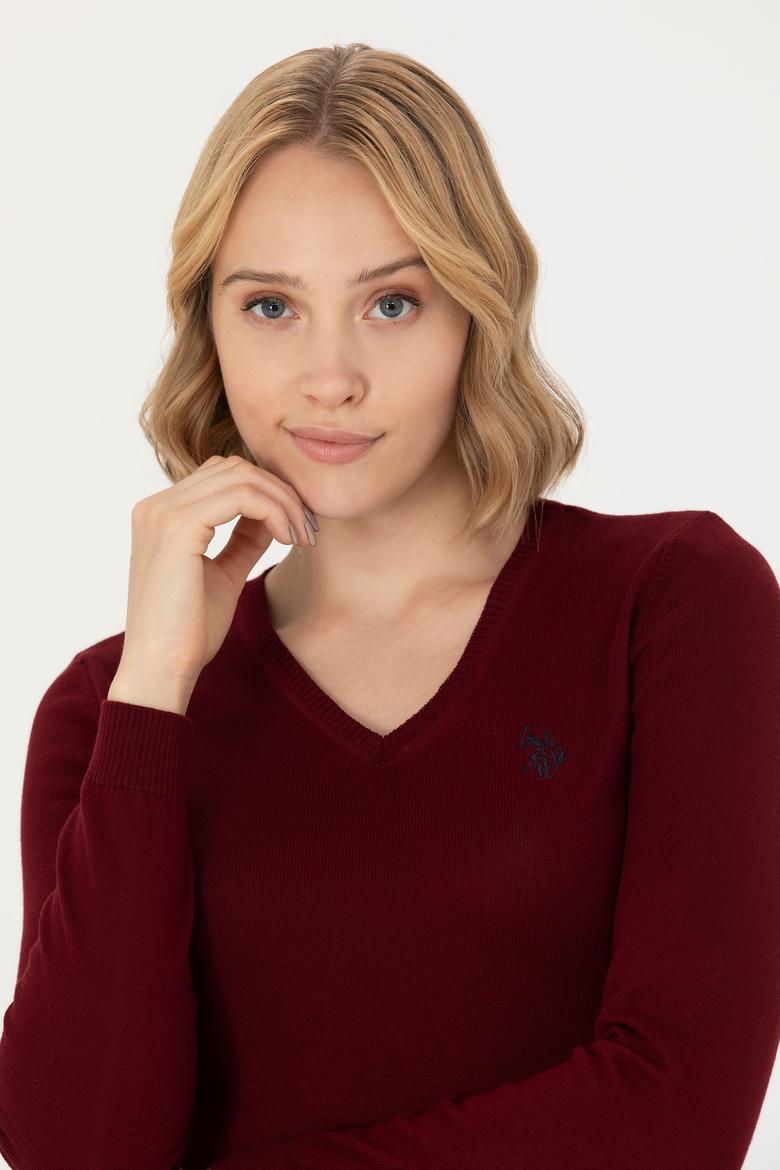 Kadın Bordo V Yaka Basic Kazak - 50276570019