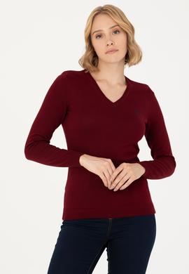 Kadın Bordo V Yaka Basic Kazak - 50276570019