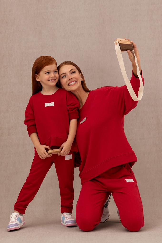 Kız Çocuk Kırmızı Basic Bisiklet Yaka Sweatshirt