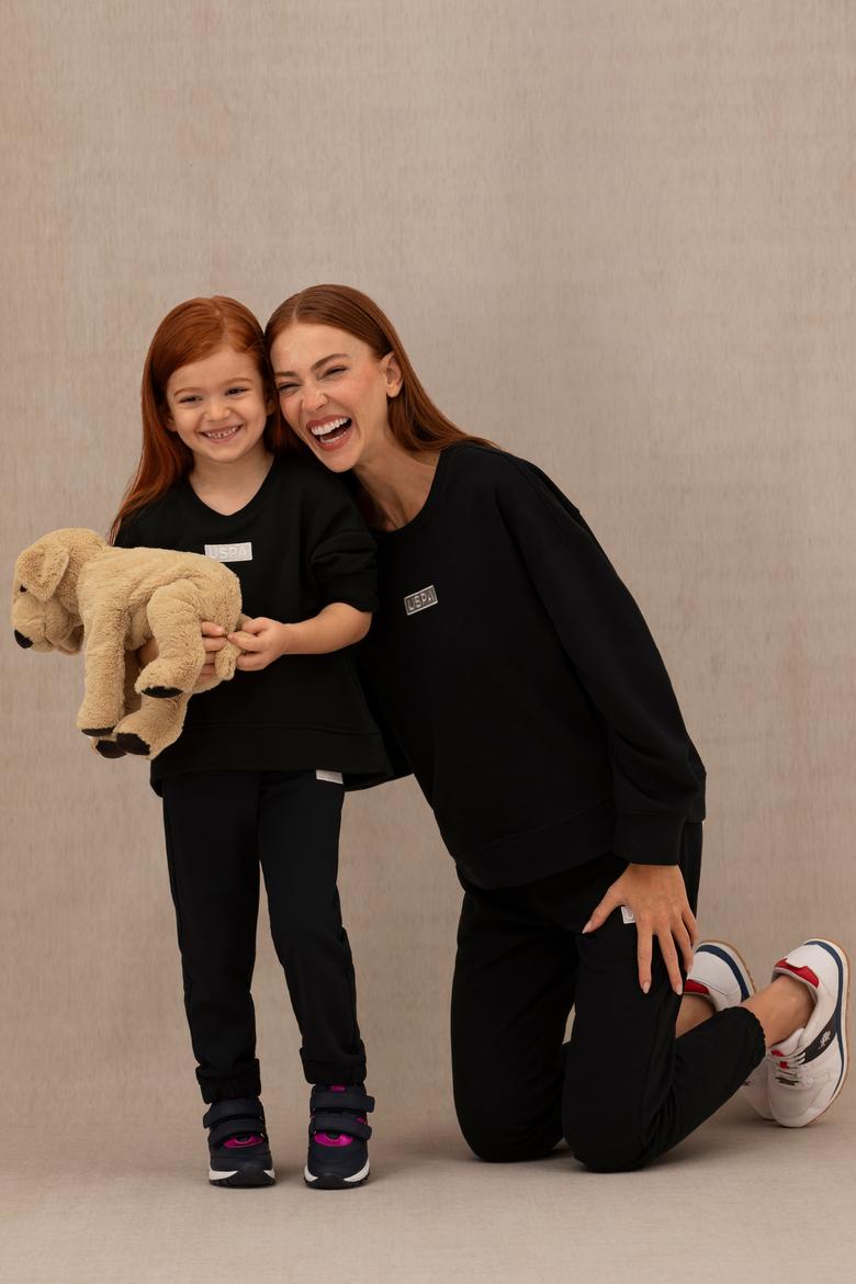 Kız Çocuk Siyah Basic Bisiklet Yaka Sweatshirt