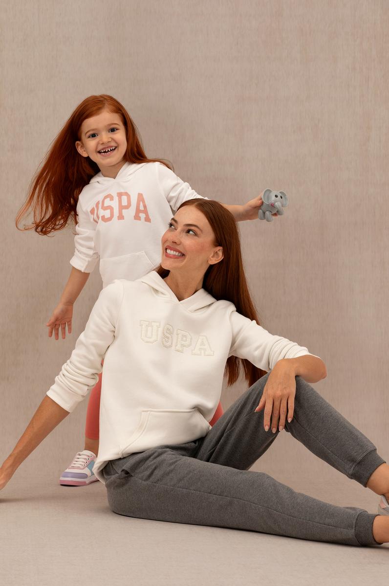 Kız Çocuk Ekru Basic Kapüşonlu Sweatshirt