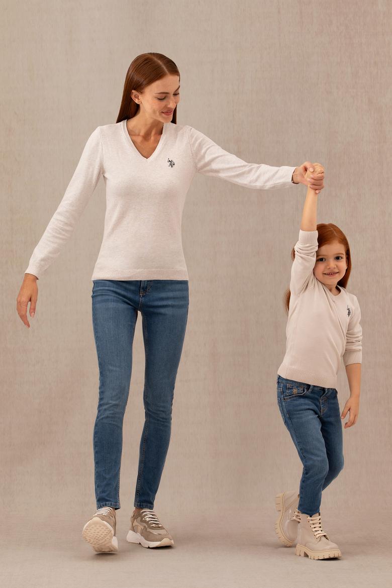 Kadın Taş Melanj V Yaka Basic Kazak