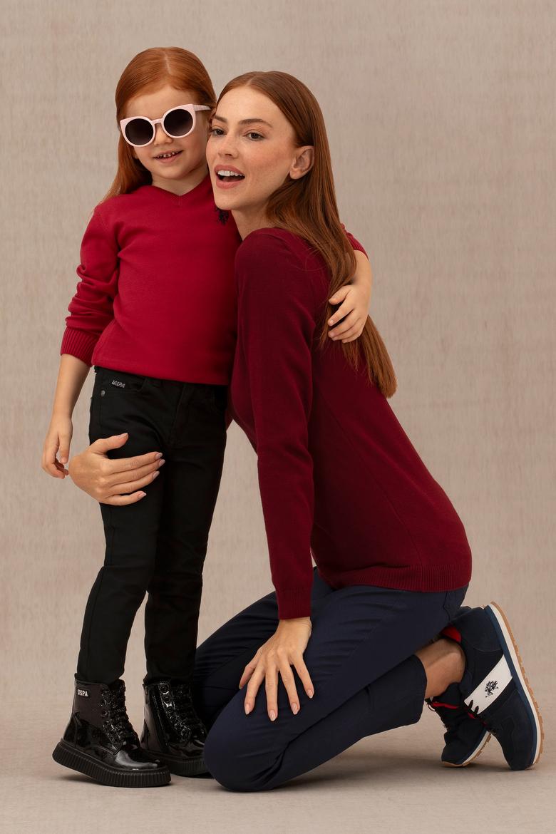 Kız Çocuk Kırmızı Basic V Yaka Kazak - 50275850052