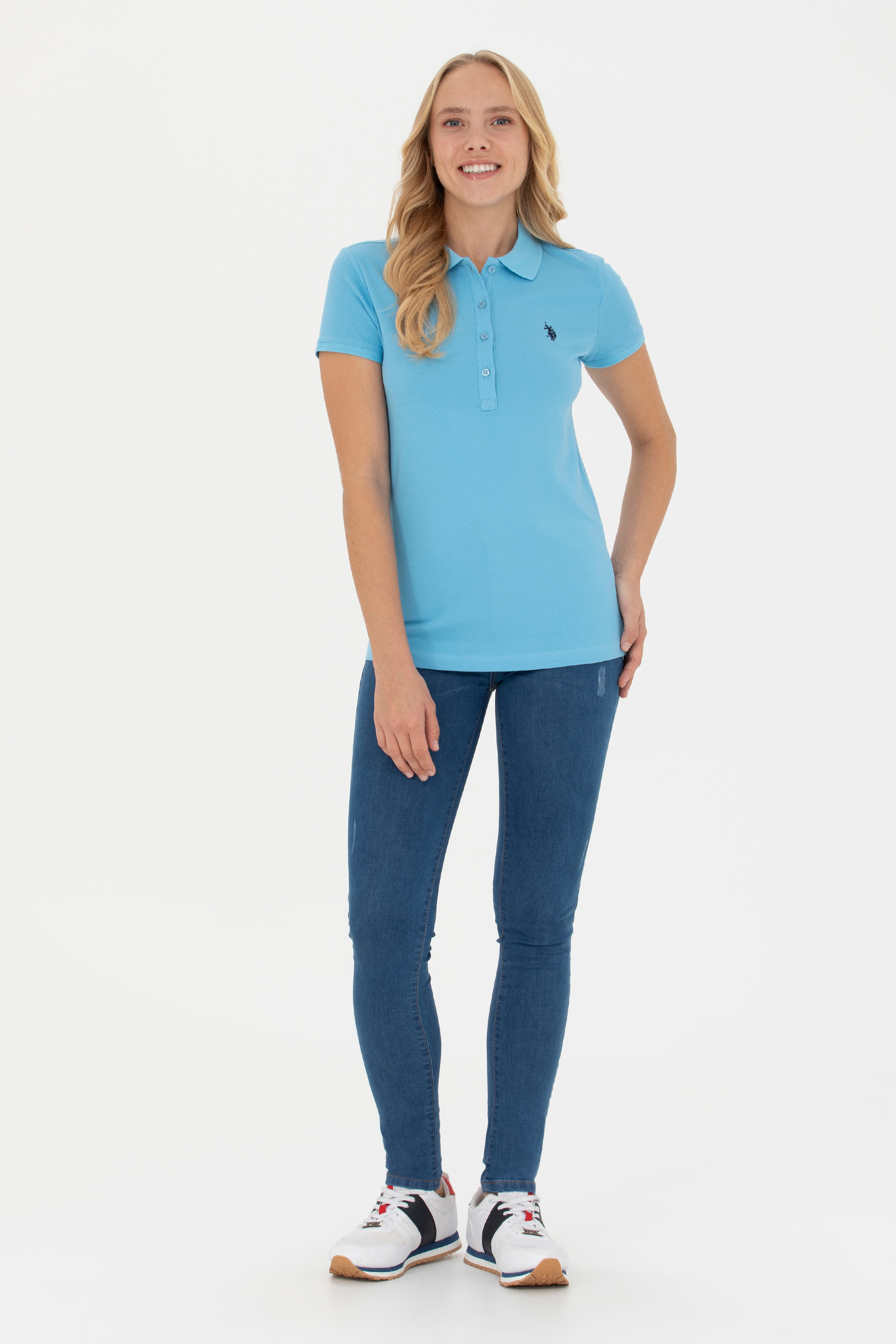 Kadın Turkuaz Basic Polo Yaka Tişört - Image 4