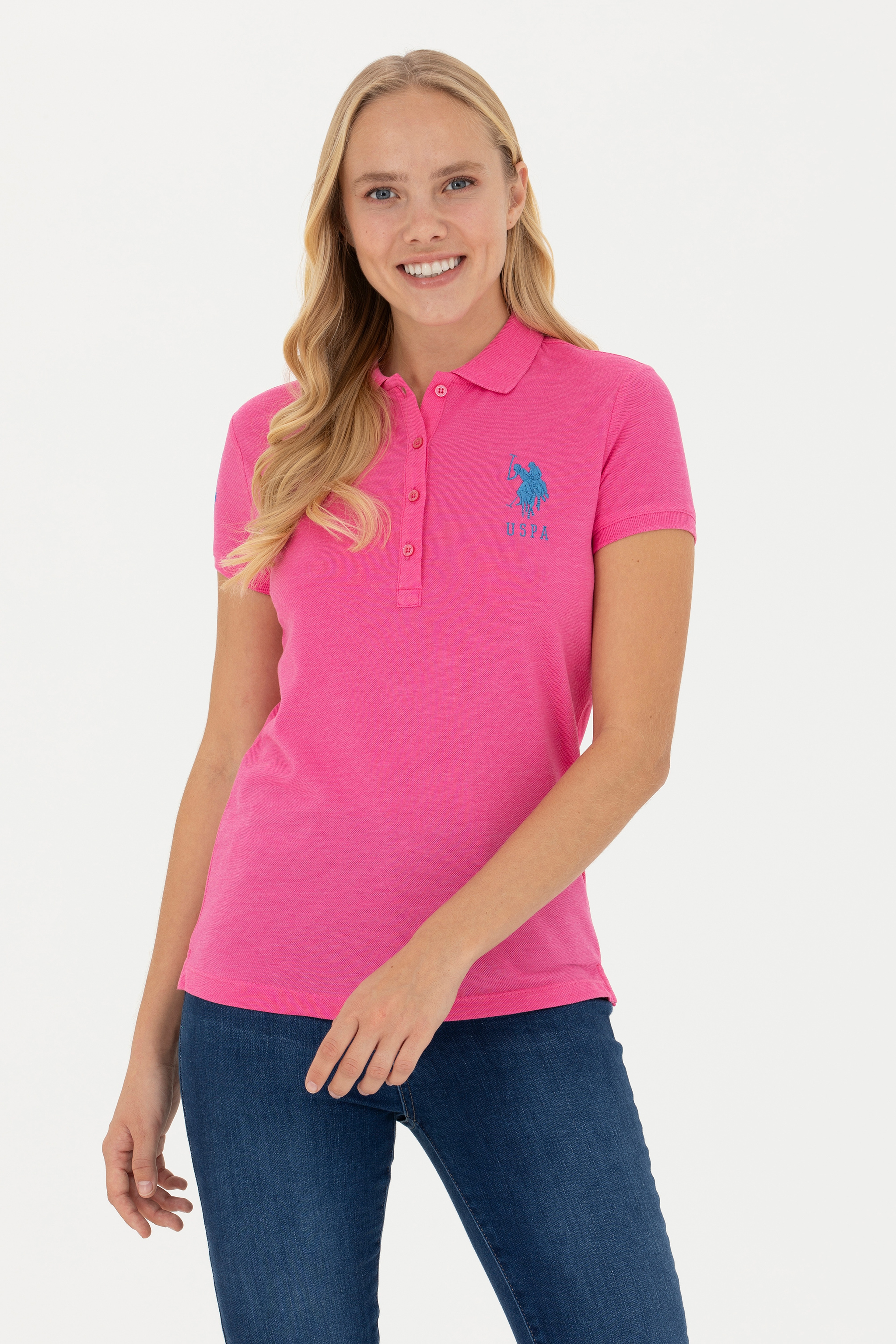Kadın Fuşya Basic Polo Yaka Tişört - Image 1