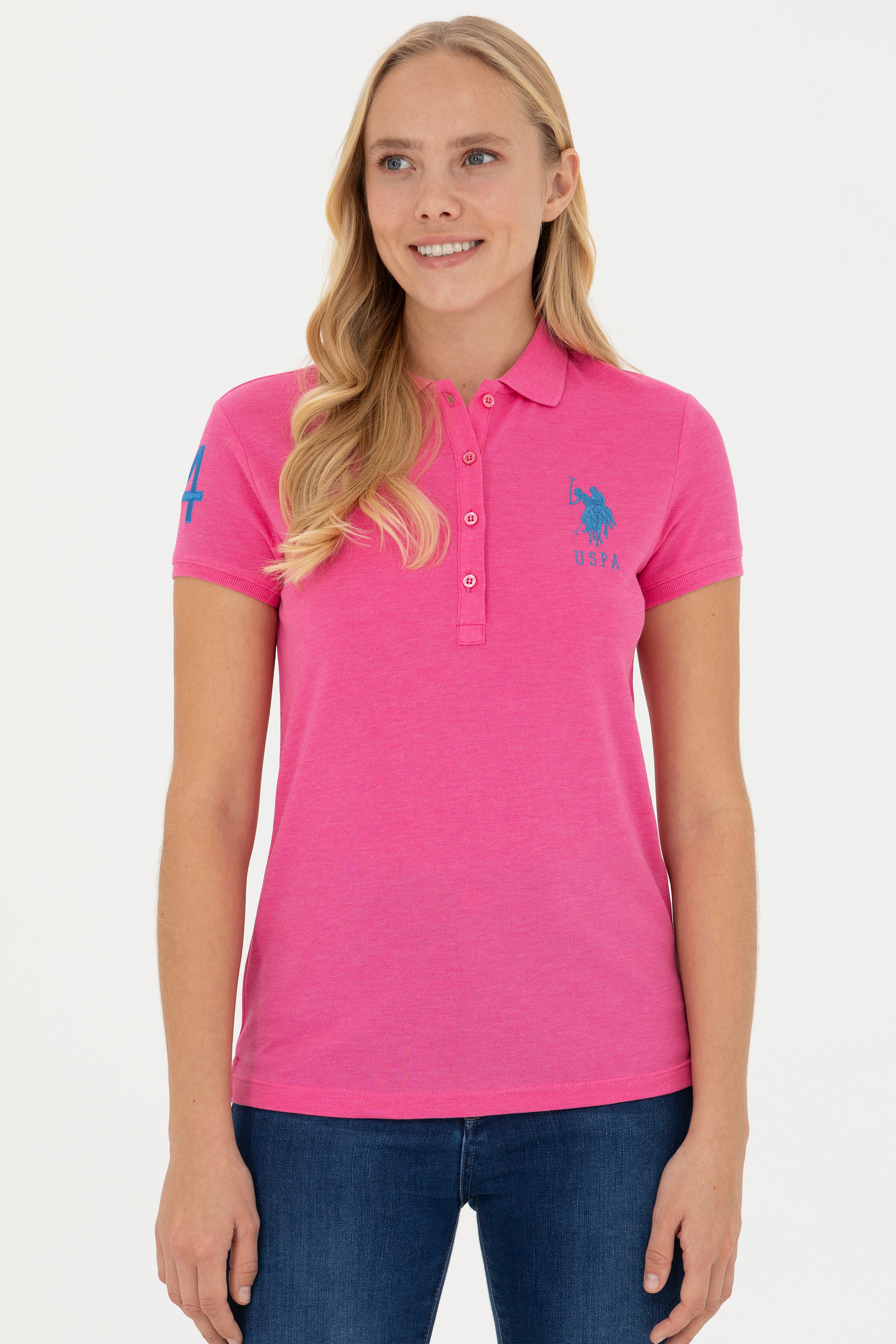 Kadın Fuşya Basic Polo Yaka Tişört - Image 3