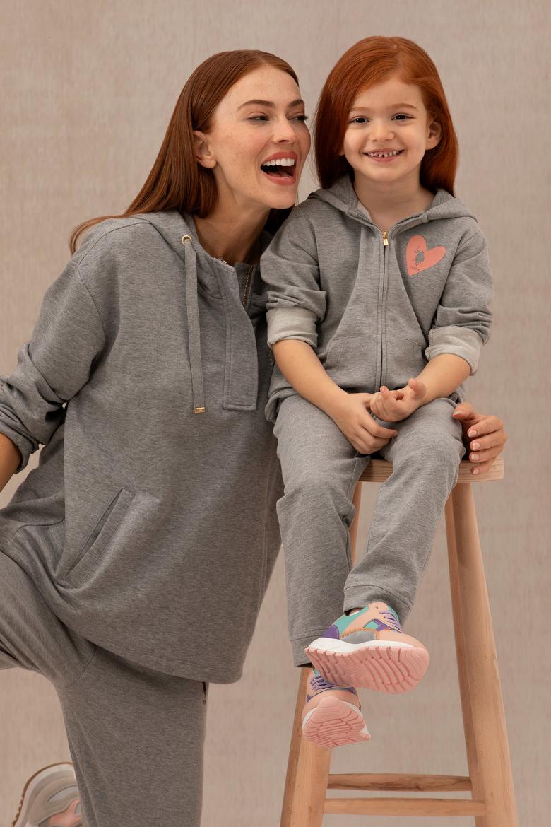 Çocuk Gri Melanj Fermuarlı Kapüşonlu Sweatshirt - 50276914011