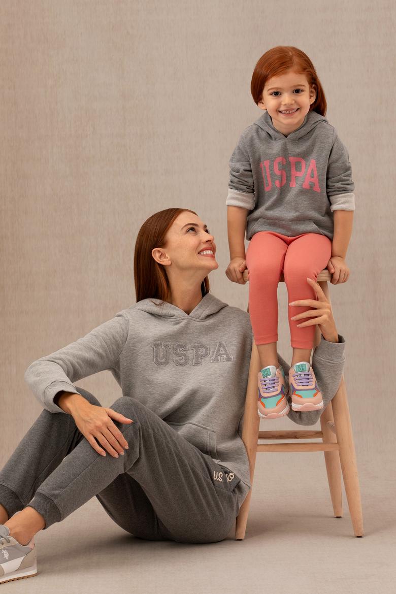 Kız Çocuk Gri Melanj Basic Kapüşonlu Sweatshirt