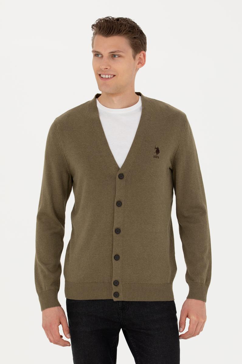 Erkek Haki Melanj Basic Triko Hırka