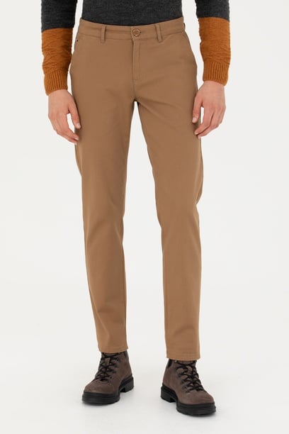 Erkek Slim Fit Camel Kanvas Pantolon