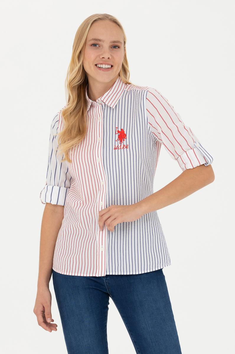 Kadın Kırmızı Uzun Kollu Çizgili Gömlek