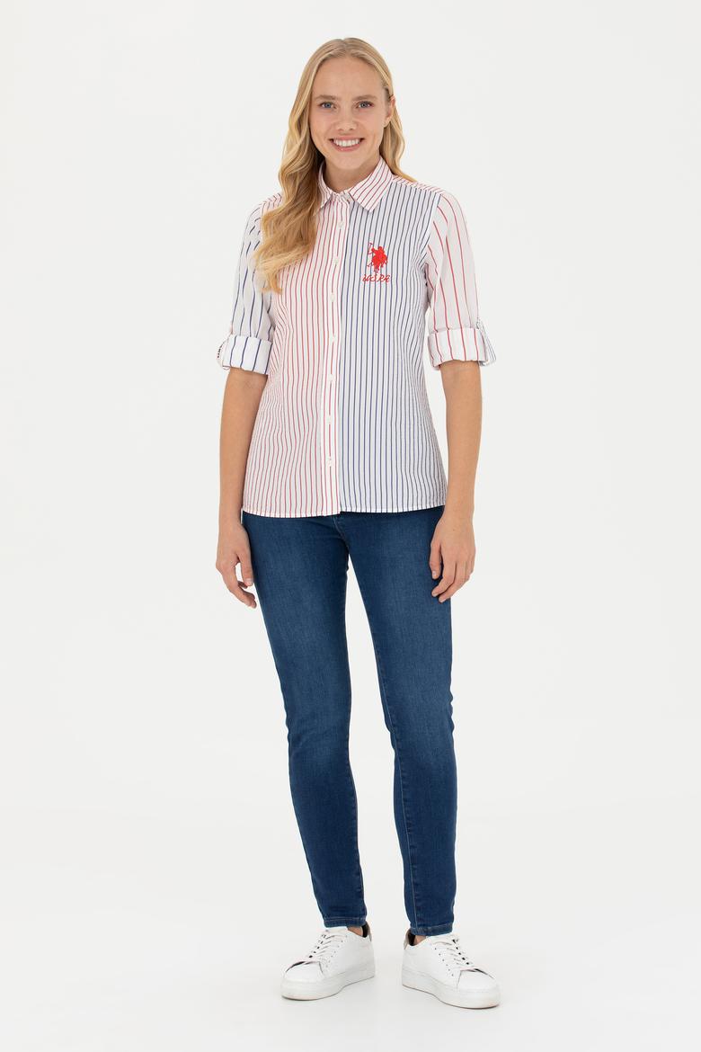 Kadın Kırmızı Uzun Kollu Çizgili Gömlek - 50263884011