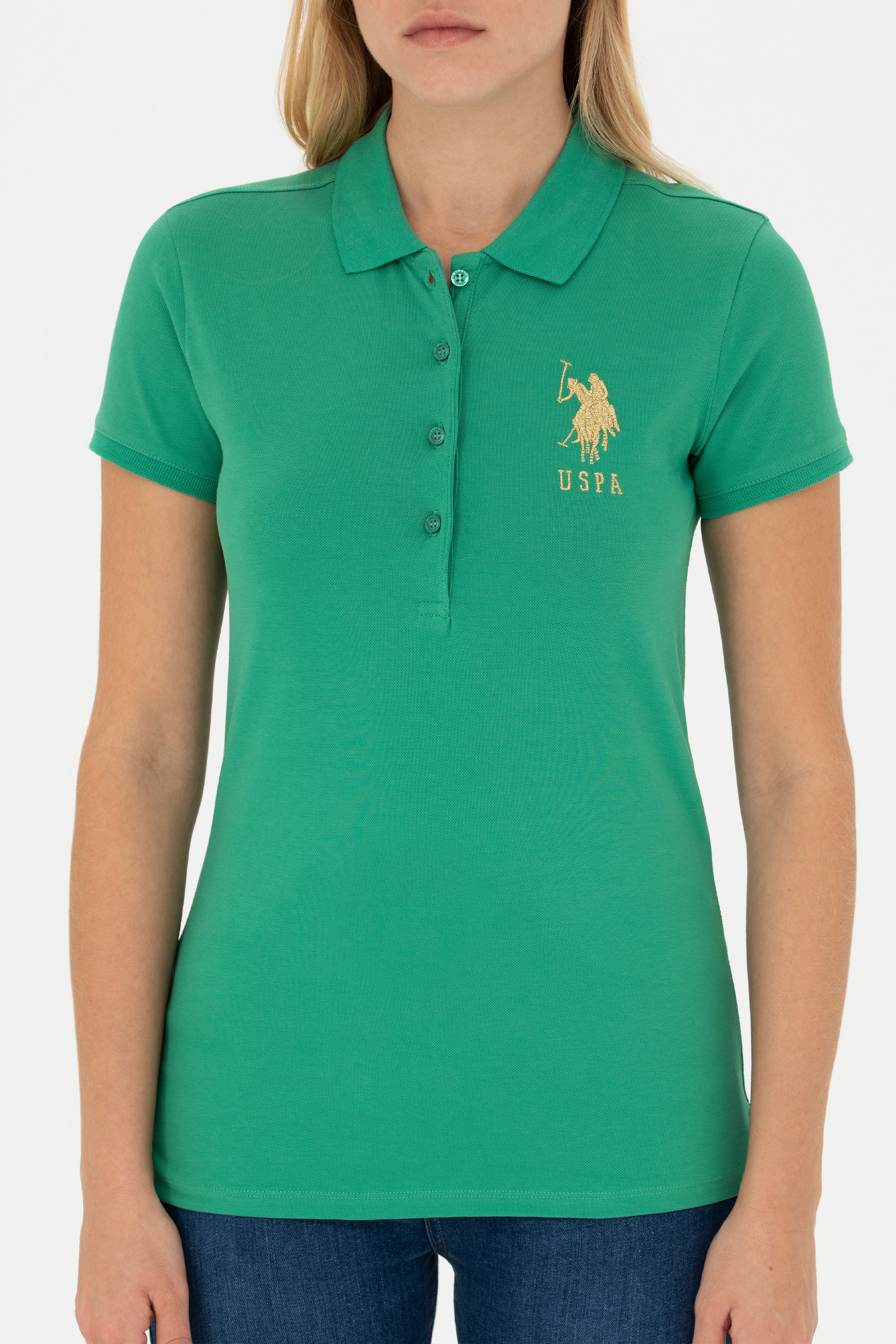 Kadın Yeşil Basic Polo Yaka Tişört - Image 6