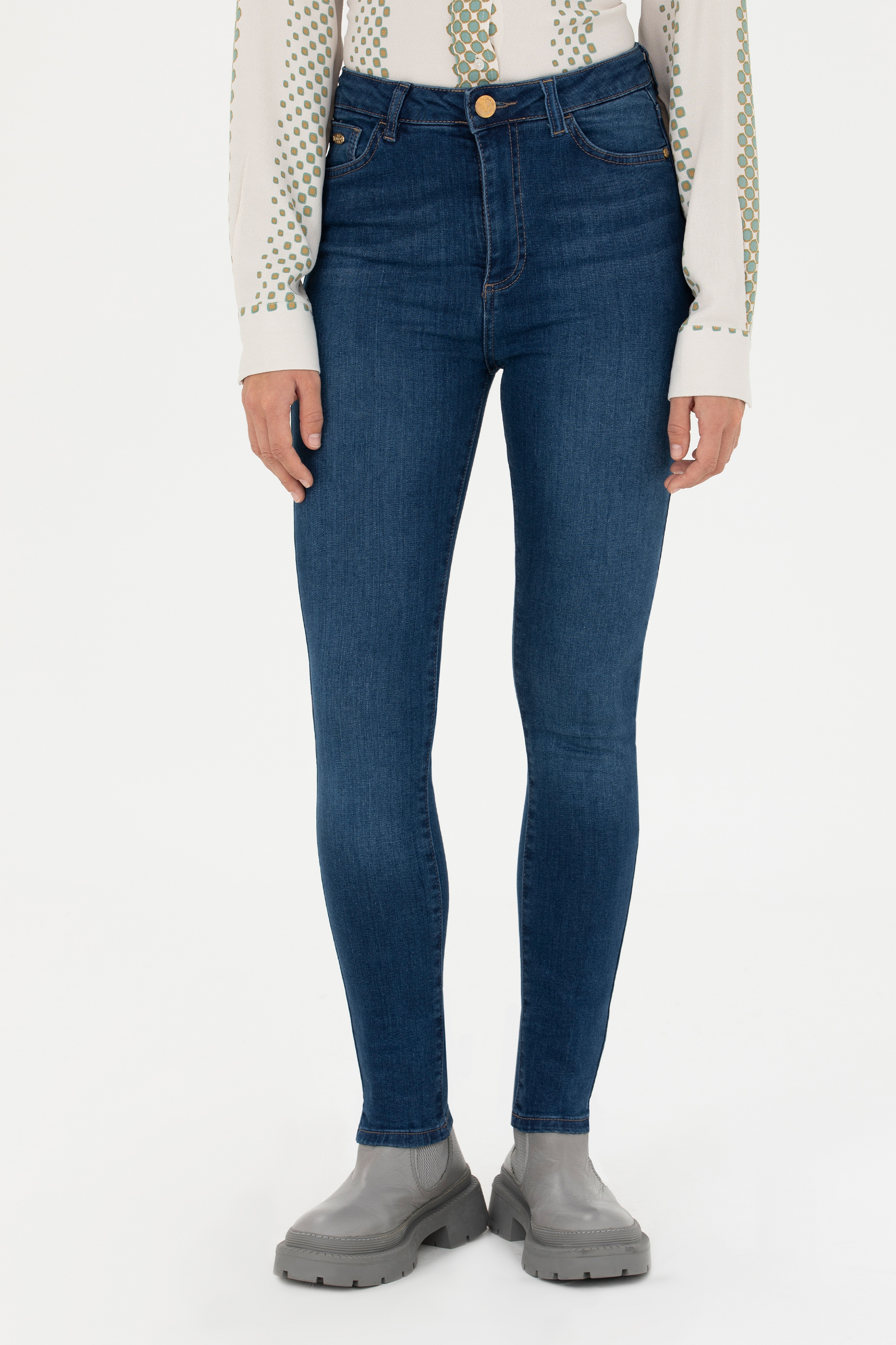 Kadın Koyu Mavi Skinny High Waist Fit Jean Pantolon - Image 2