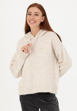 Kadın Krem Kapüşonlu Kazak - 50270445013