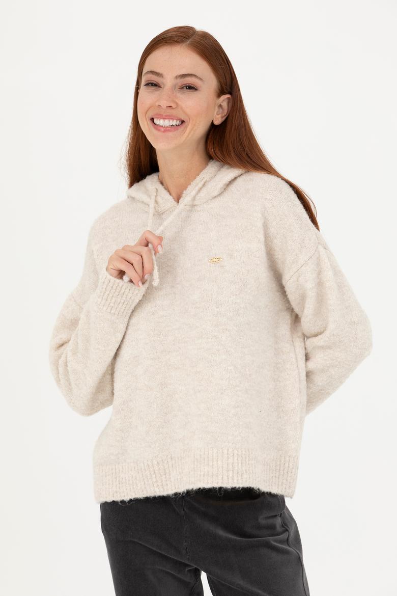 Kadın Krem Kapüşonlu Kazak - 50270445013