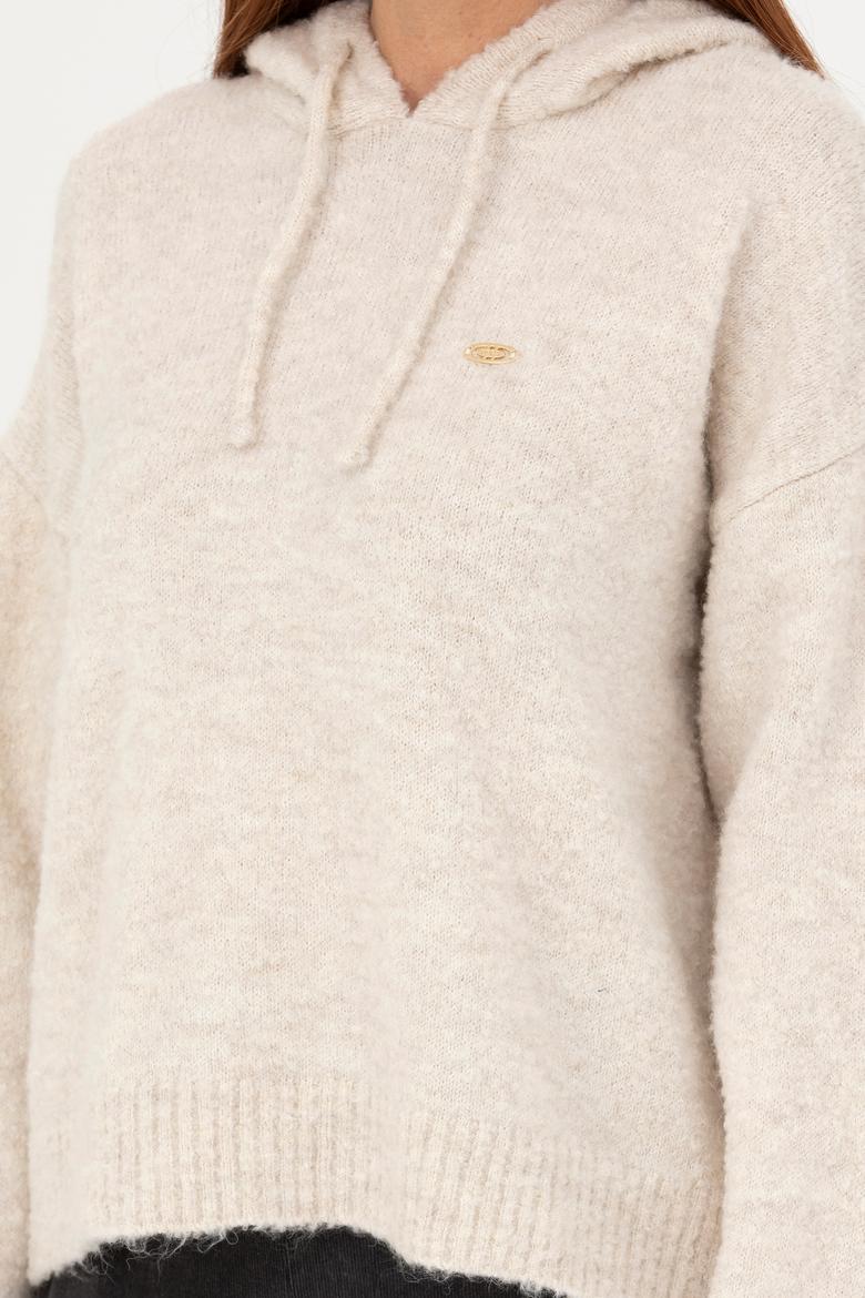 Kadın Krem Kapüşonlu Kazak - 50270445013