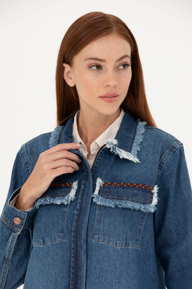 Kadın Koyu Mavi Jean Gömlek