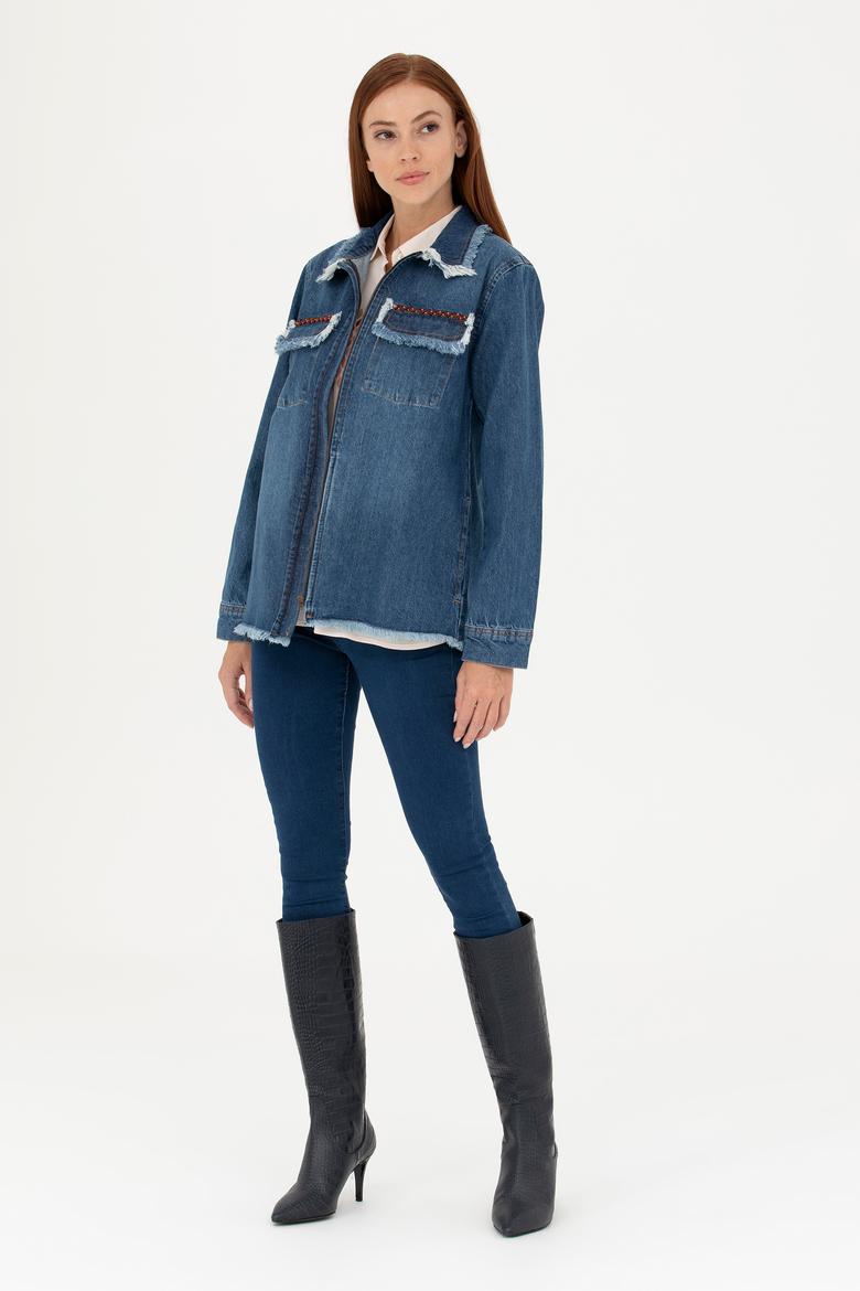 Kadın Koyu Mavi Jean Gömlek - 50271193002