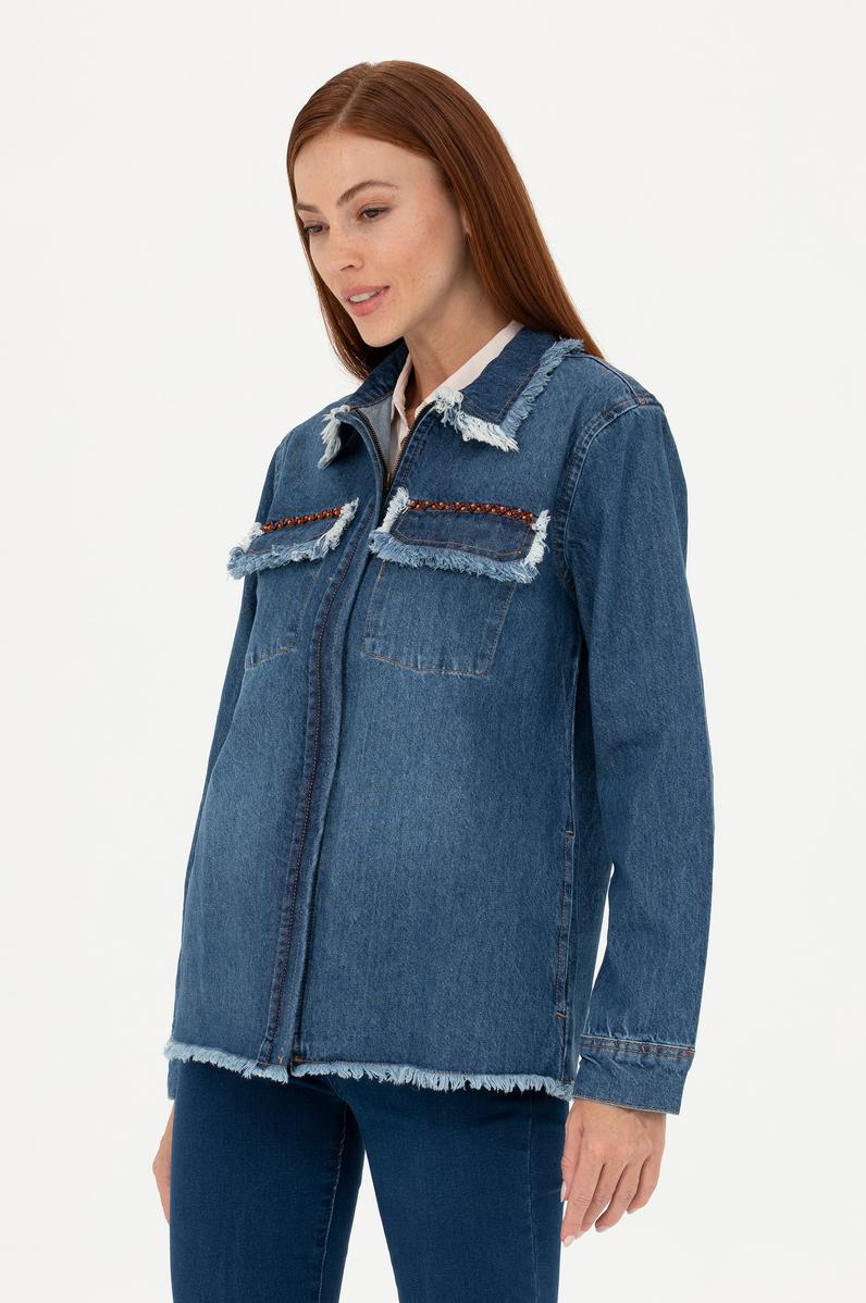 Kadın Koyu Mavi Jean Gömlek