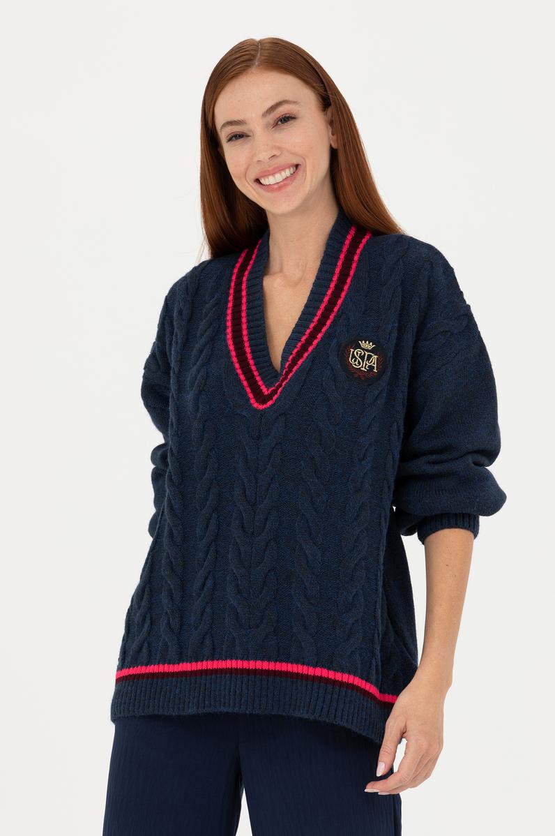 Kadın Lacivert V Yaka Kazak