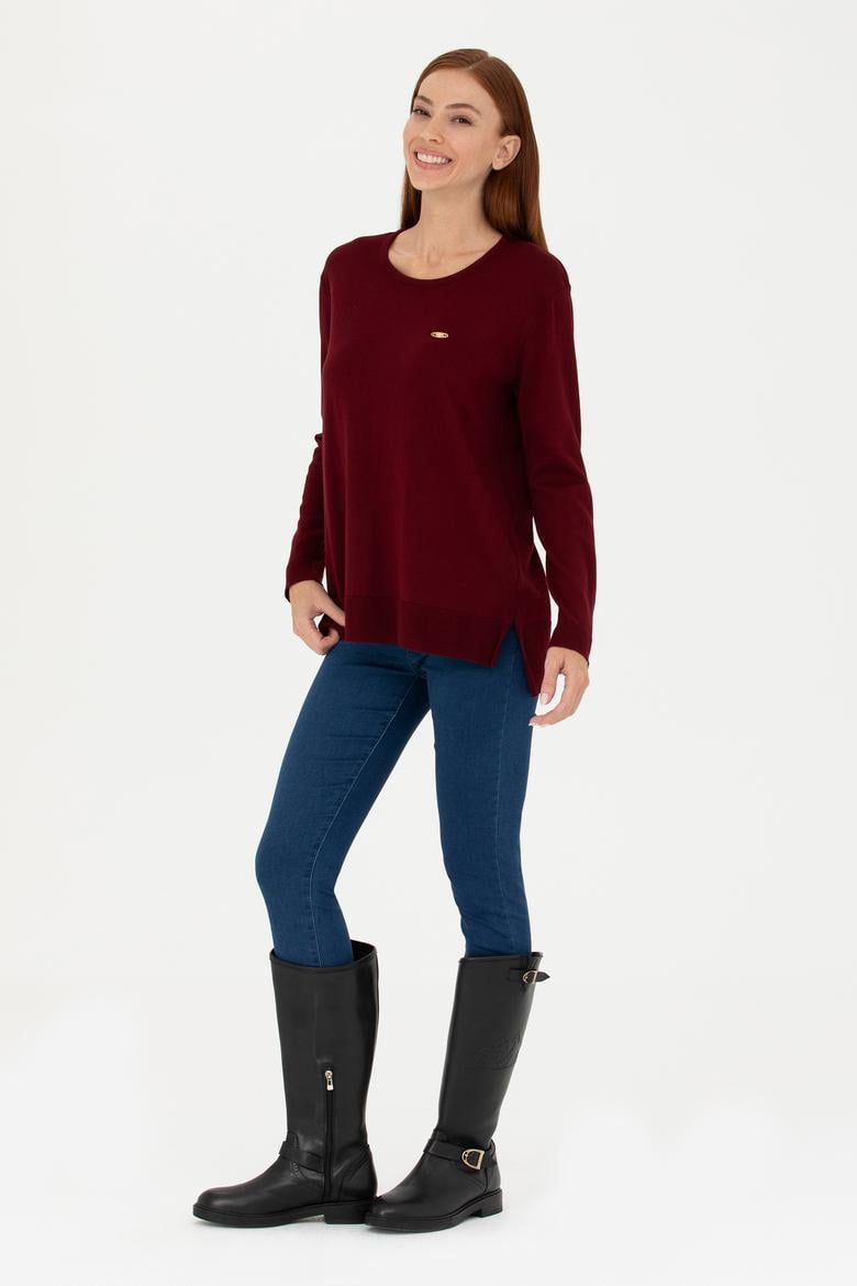 Kadın Bordo Bisiklet Yaka Basic Kazak - 50277309015