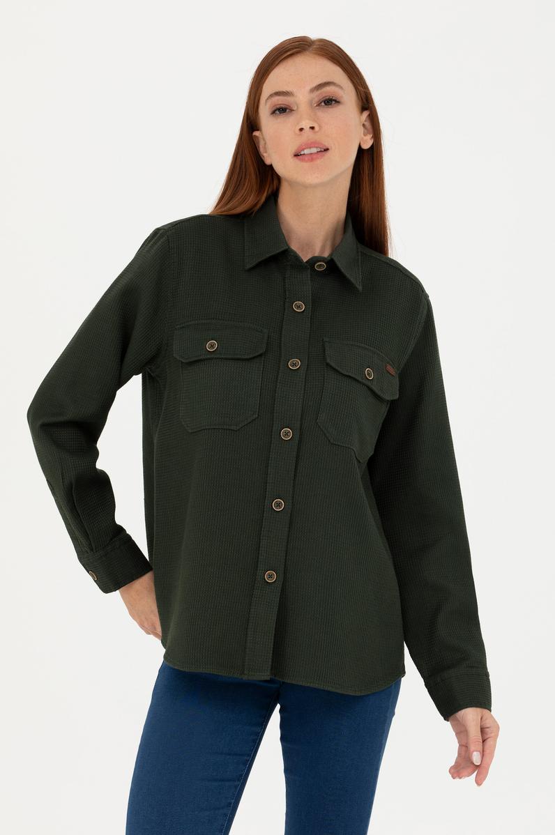 Kadın Haki Uzun Kollu Gömlek