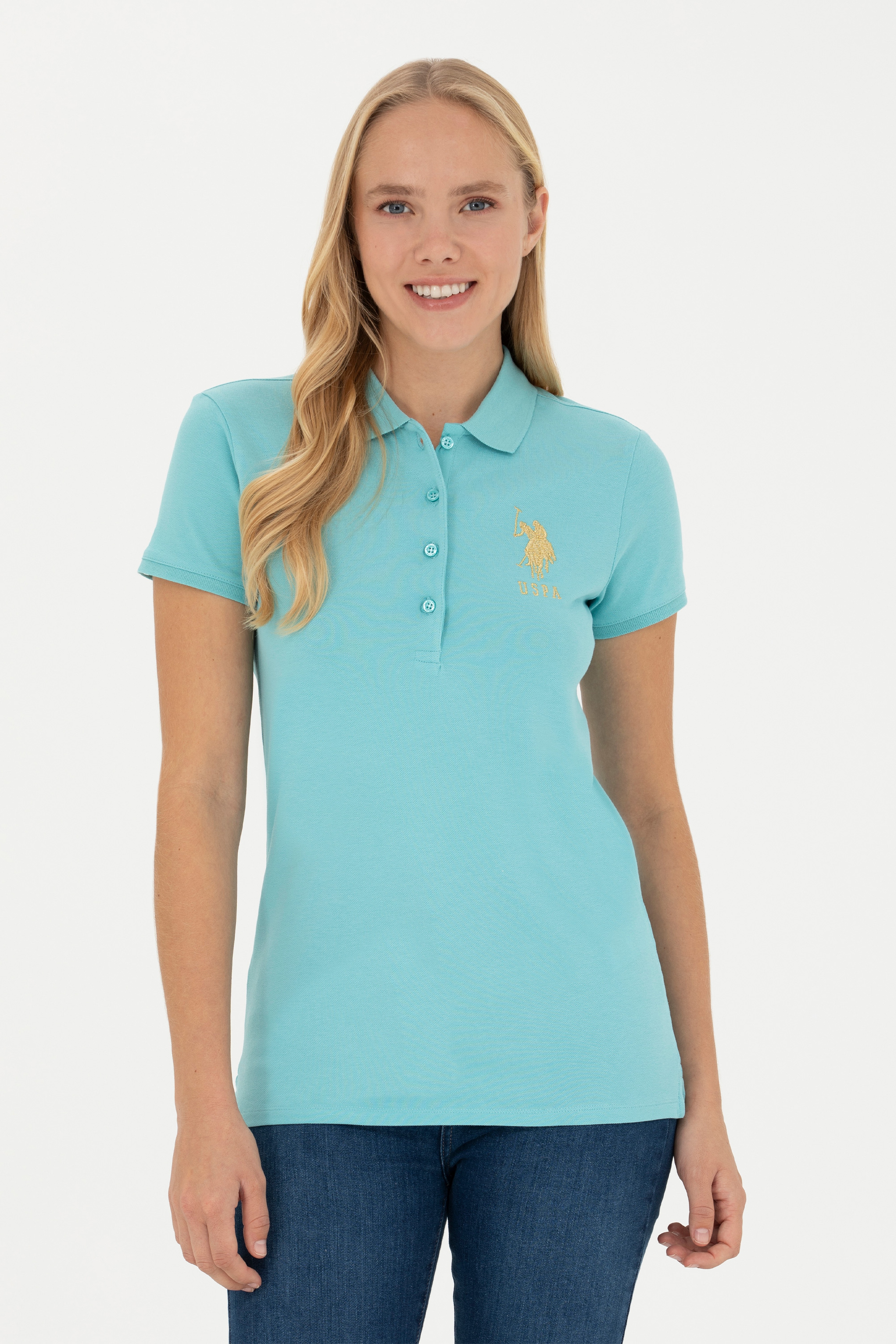Kadın Mint Basic Polo Yaka Tişört - Image 1