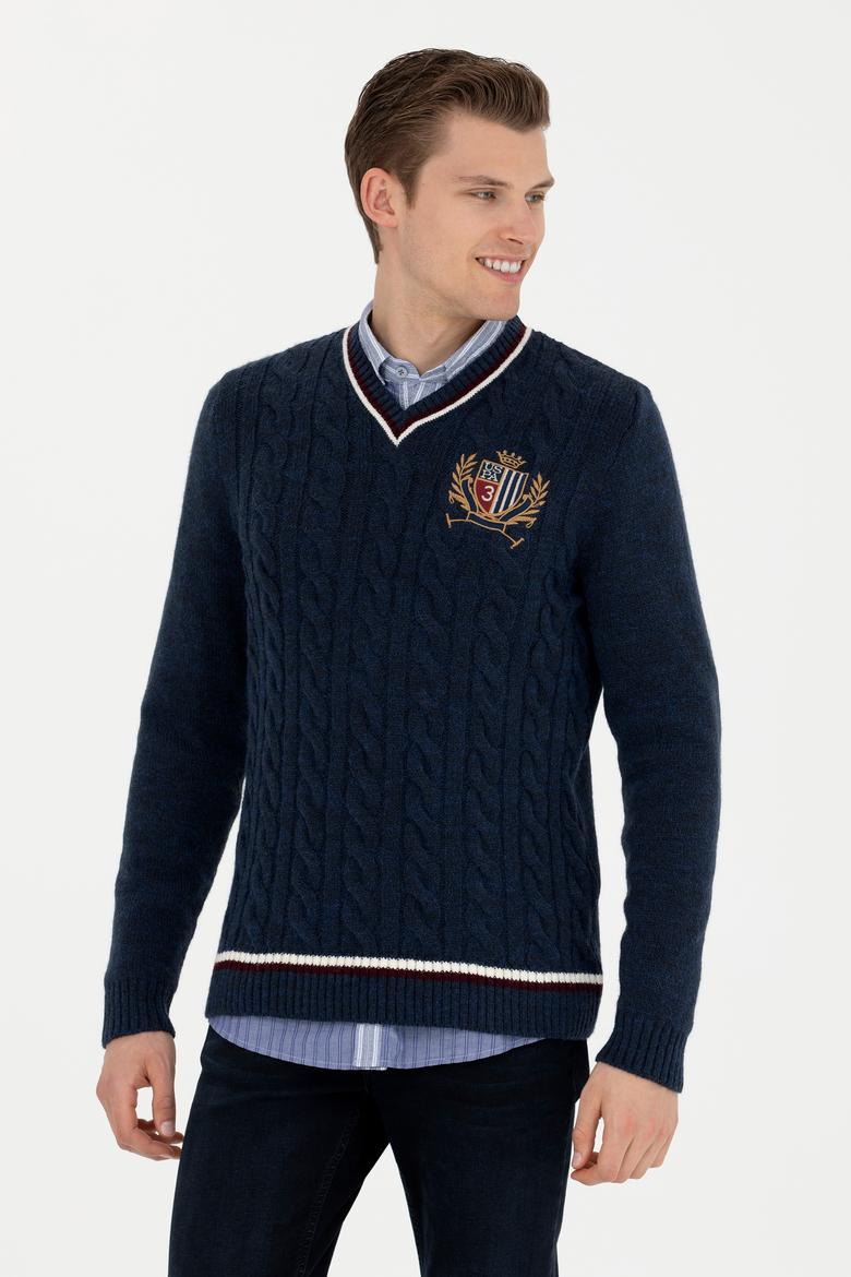 Erkek Lacivert V Yaka Kazak