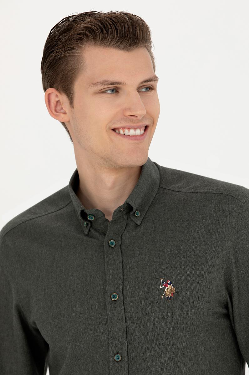 Erkek Koyu Yeşil Uzun Kollu Basic Gömlek