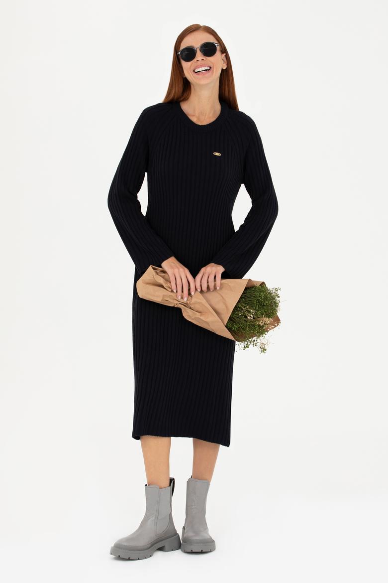 Kadın Lacivert Bisiklet Yaka Triko Elbise