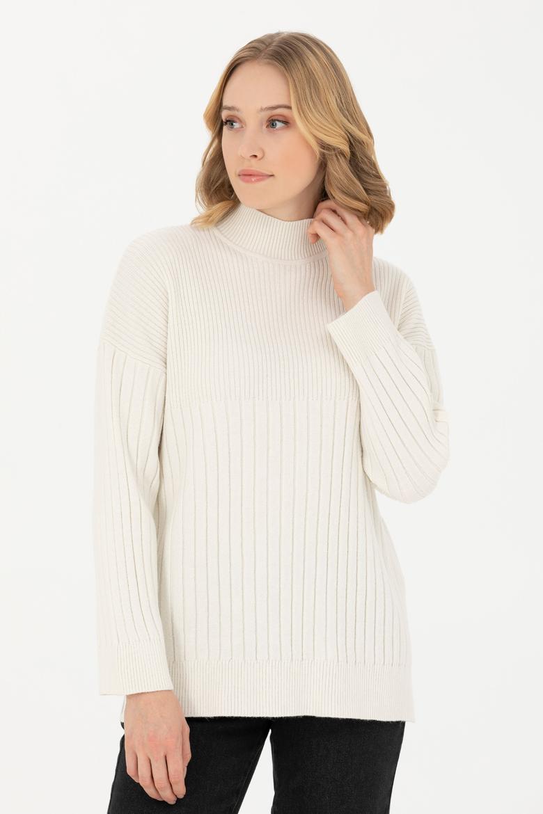 Kadın Krem Balıkçı Yaka Kazak