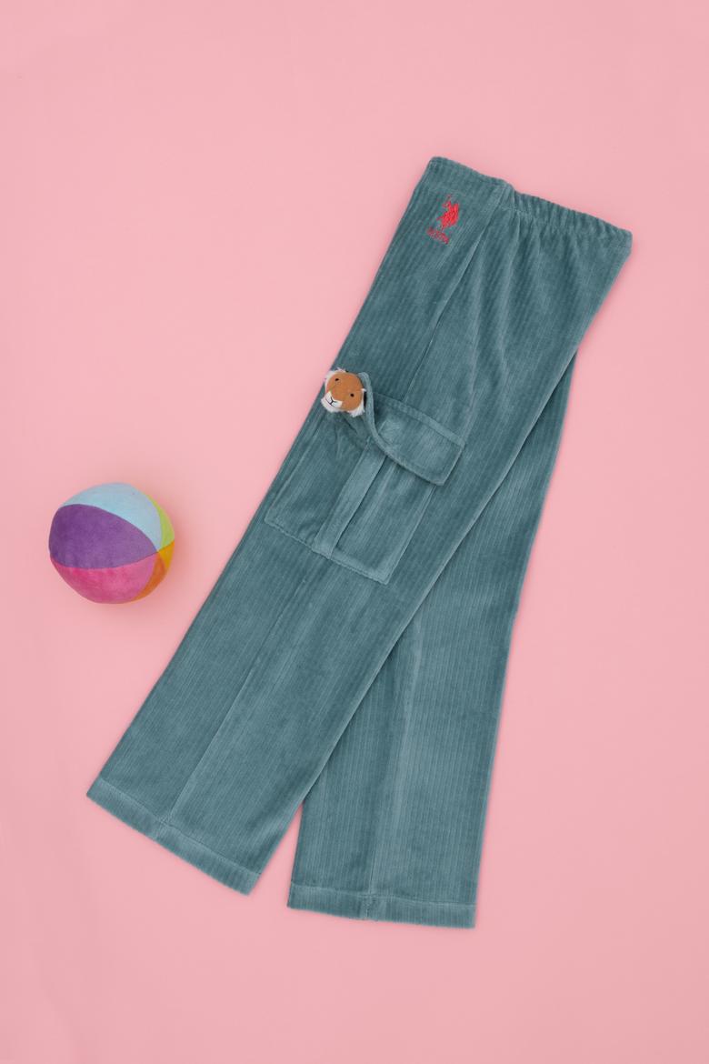 Kız Çocuk Mint Kadife Fitilli Cep Detaylı Eşofman Altı