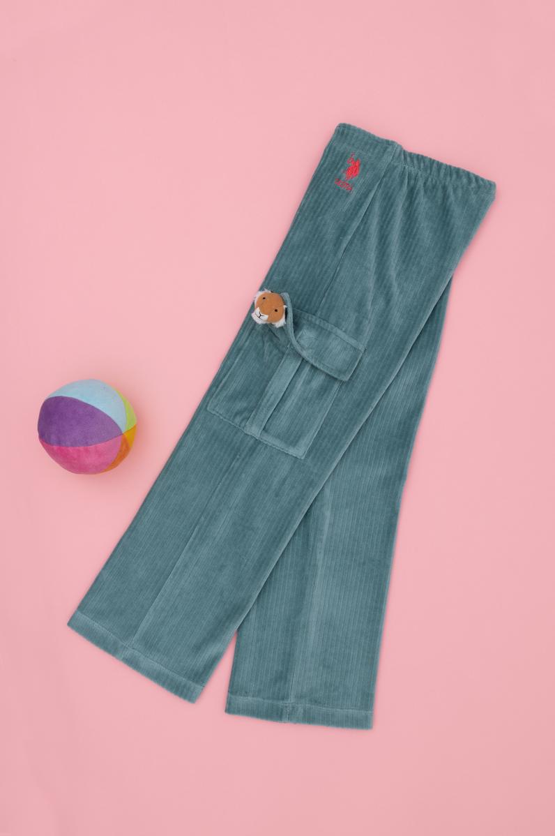 Kız Çocuk Mint Kadife Fitilli Cep Detaylı Eşofman Altı