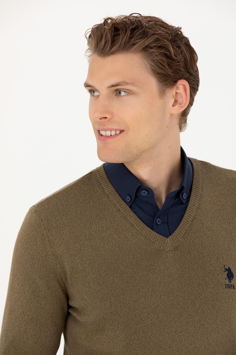 Erkek Haki V Yaka Kazak