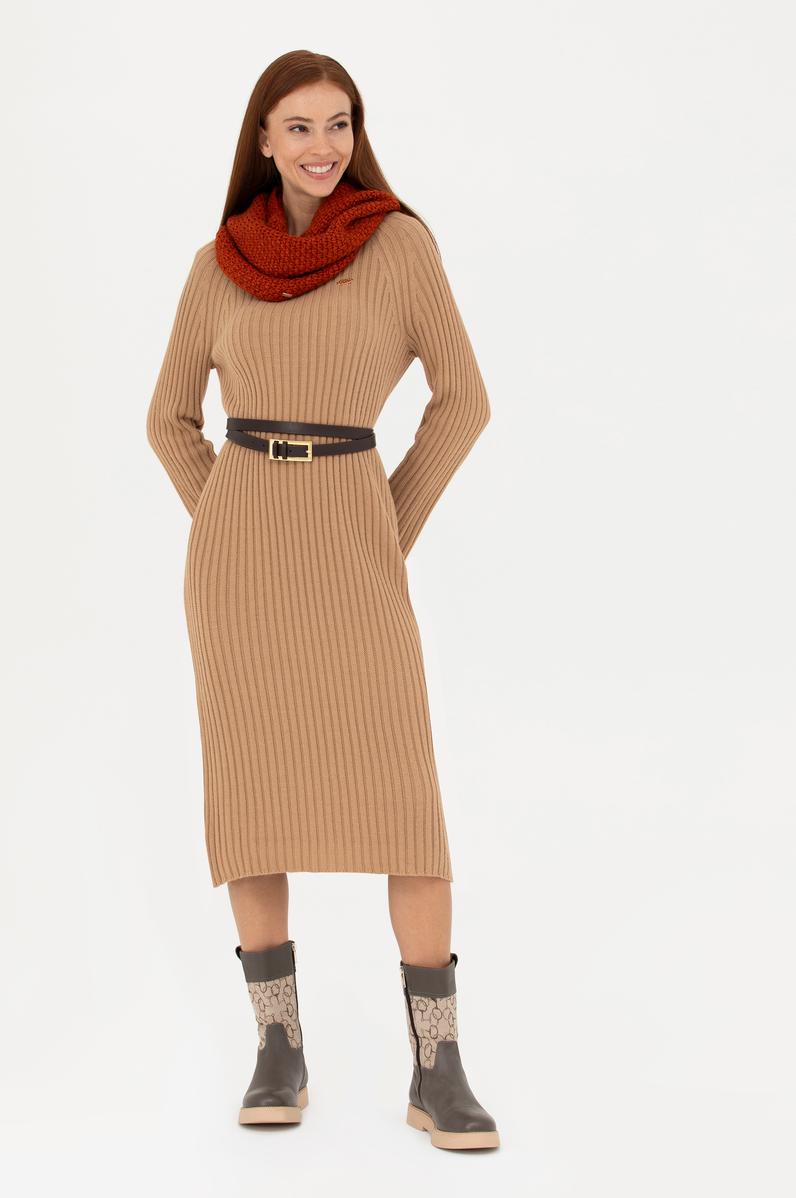 Kadın Kum Bisiklet Yaka Triko Elbise