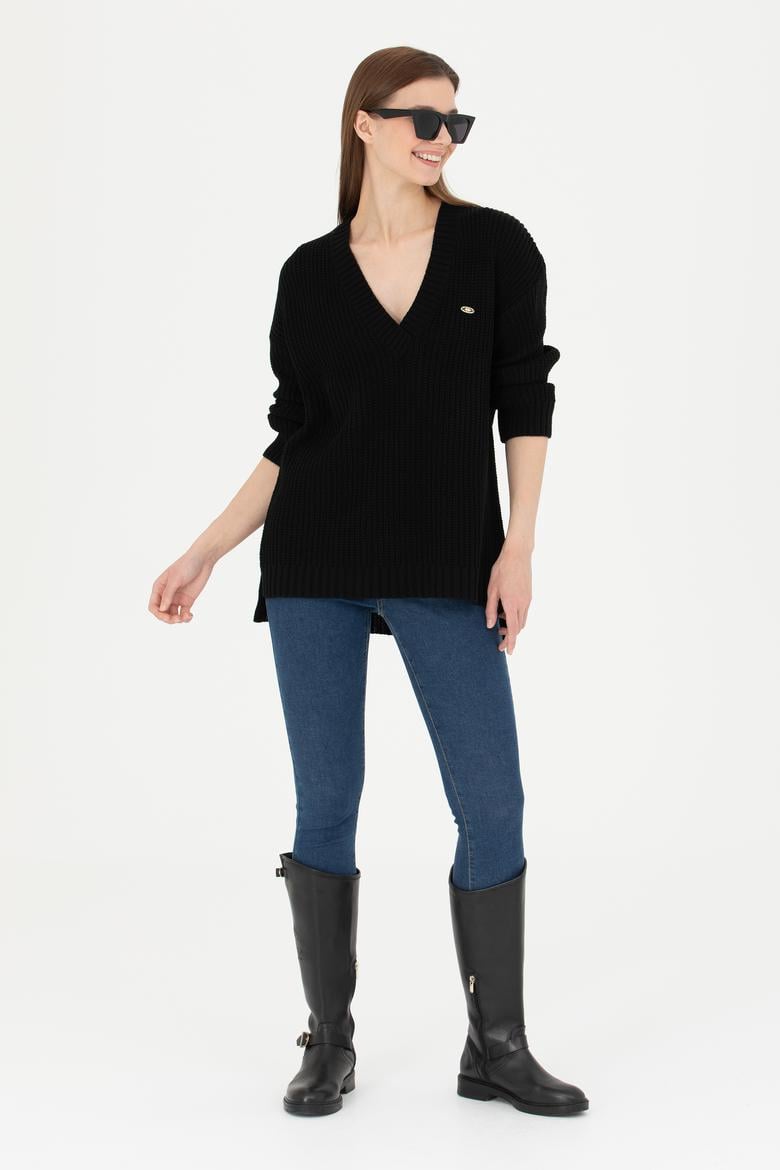 Kadın Siyah V Yaka Kazak - 50277292003